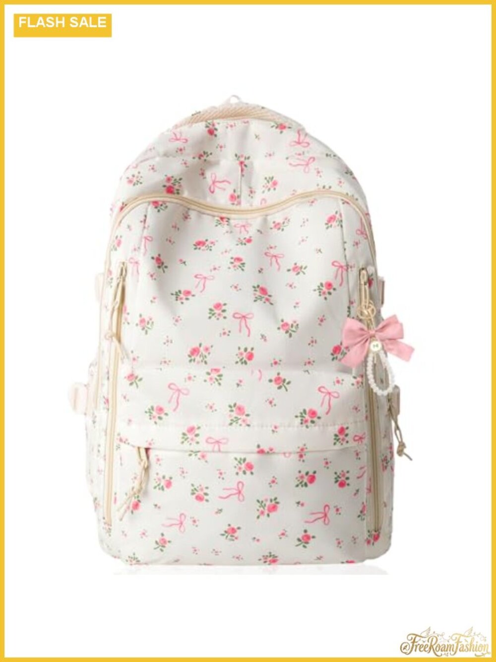 Floral Bow Backpack for Women Preppy School Bookbag with Pearl Keychain